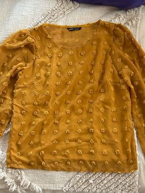 SHEIN Mustard Puff-Sleeve Textured Dot Blouse